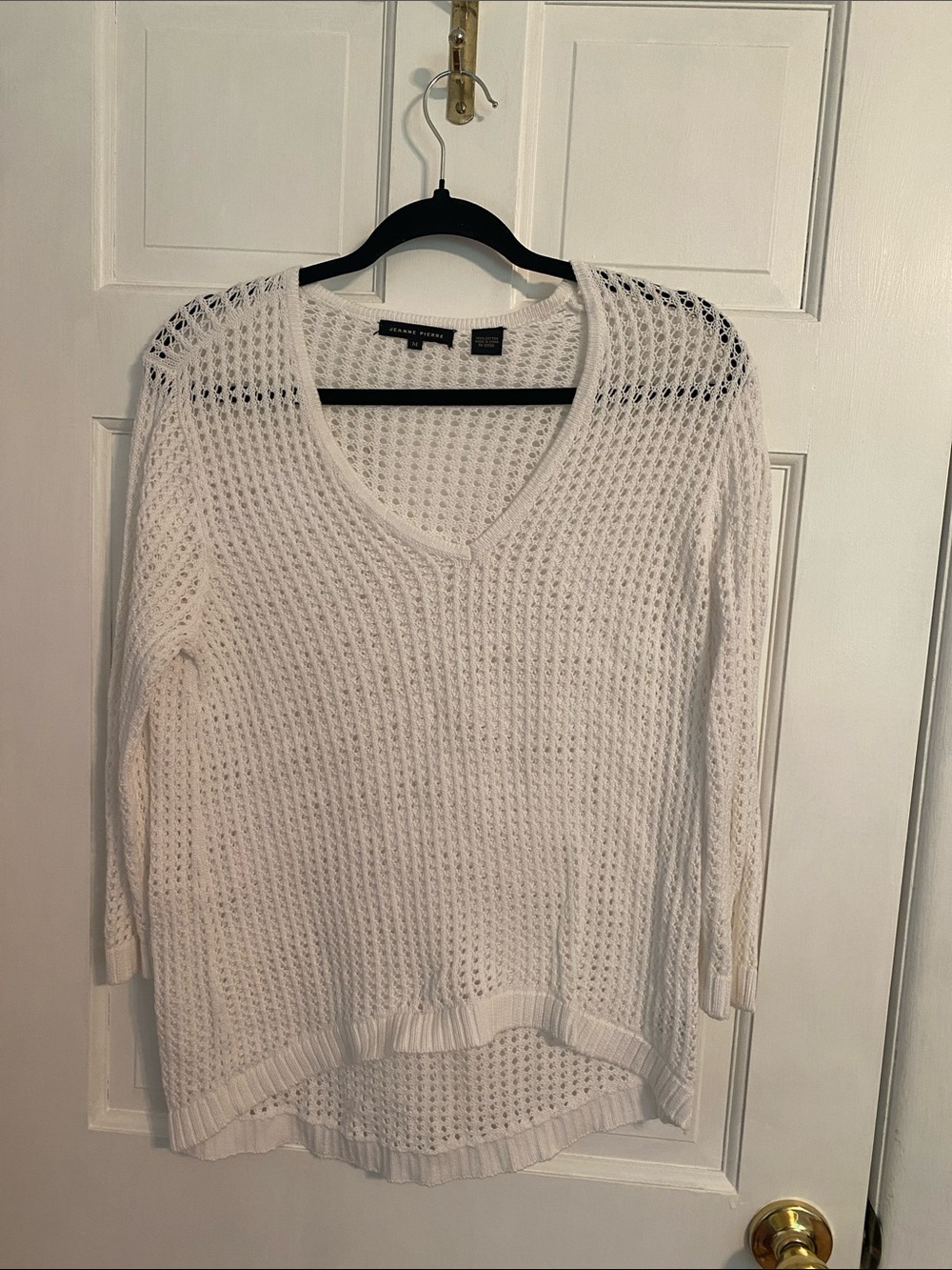 JEANNE PIERRE White Open Crochet V-Neck Top